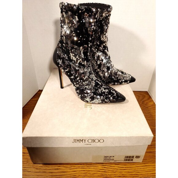 EUC!! Jimmy Choo  Ricky Silver and Black Sequins Ankle Boots Italy Sz 38 - Picture 9 of 12